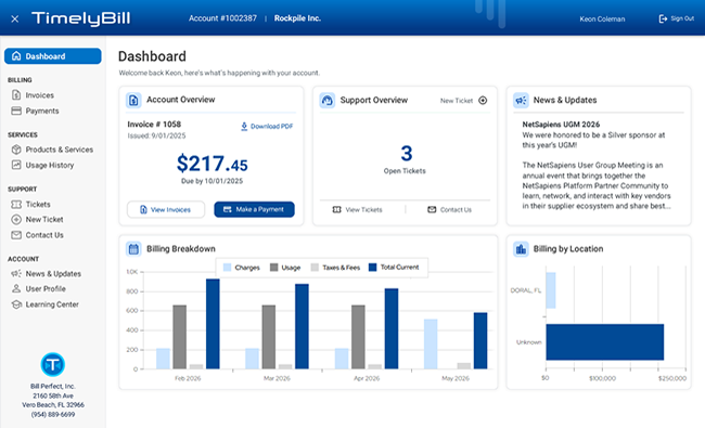 TimelyBill billing dashboard in dark mode